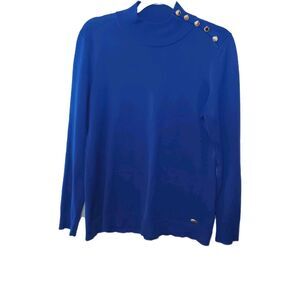 Calvin Klein Mock Neck Sweater Blue Gold Buttons Rayon Knit Top Sz M